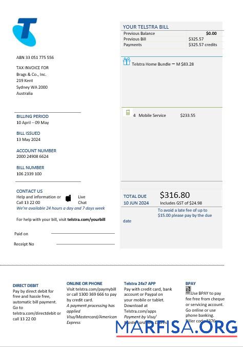 Realistic Australia Telstra telecommunications business utility bill template in Word and PDF format